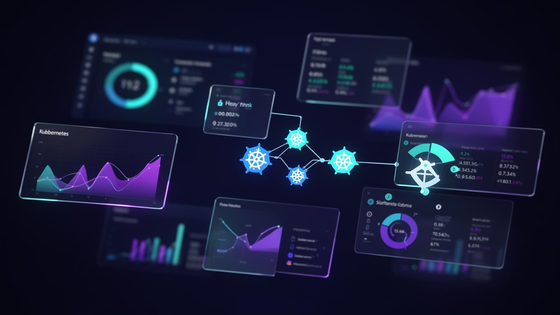 Dashboard de observabilidade com métricas e topologia Kubernetes